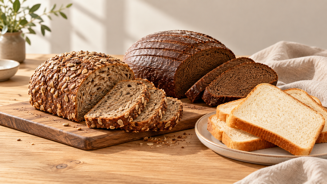 Roggenbrot, Schwarzbrot, Saatenbrot und geschnittenes Weizenbrot auf einem Holztisch