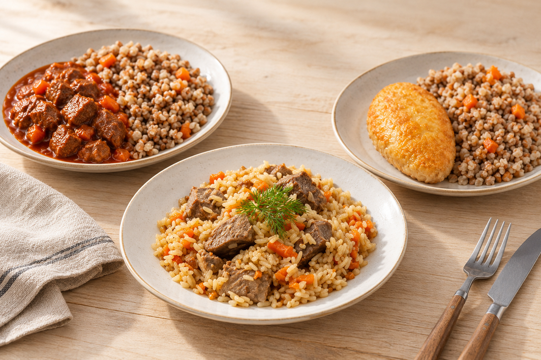 Drei angerichtete Hauptgerichte: Plov, Buchweizen mit Gulasch und Buchweizen mit Hähnchenfrikadelle