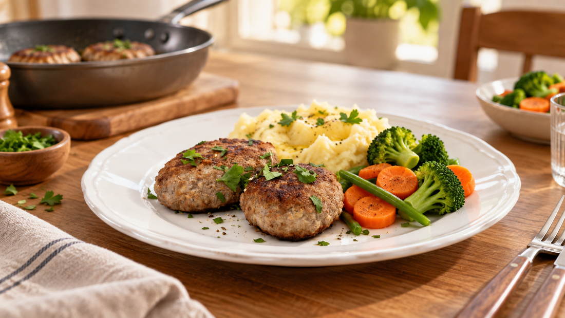 Gebratene Frikadellen mit Kartoffelpüree und Gemüse als Serviervorschlag