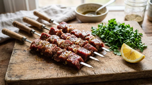 Marinierter Schaschlik auf Holzspießen, vorbereitet für die Grillsaison