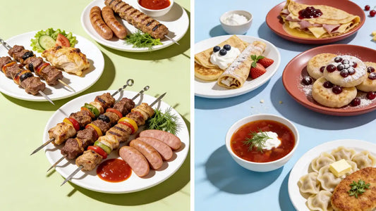 Frostix TOP-Box mit osteuropäischen Klassikern: Pelmeni, Borschtsch und Blinis serviert auf weißen Tellern.