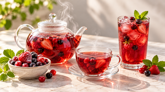 Warmer und kalter Fruchttee mit Beeren auf einem hellen Tisch
