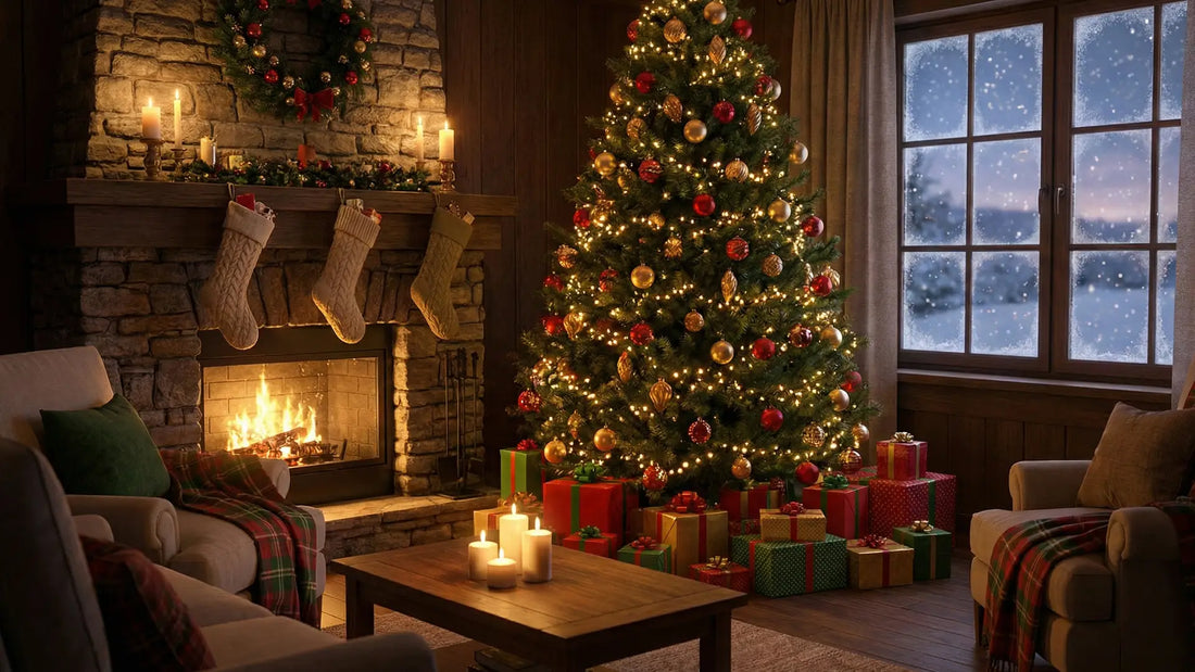 Cozy Christmas living room with a decorated tree, presents under the tree, stockings hanging by the fireplace, and a snowy winter view through the window