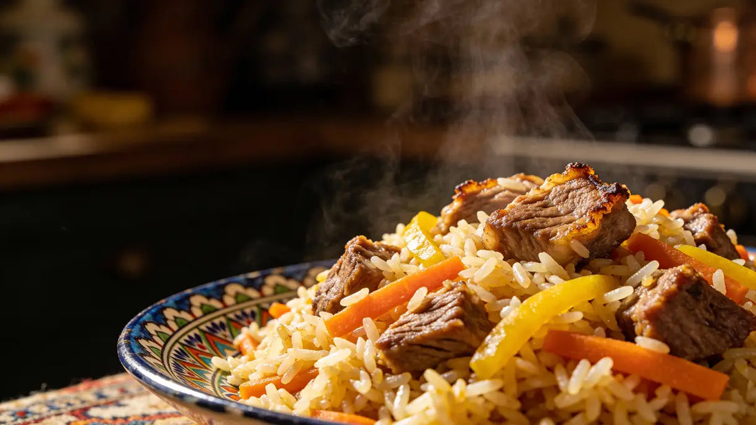 Ein authentisch zubereiteter usbekischer Plow mit lockerem Reis und saftigem Fleisch.