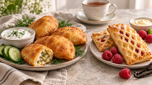 Herzhafte und süße Hefeteigtaschen mit Dip, Beeren und Tee