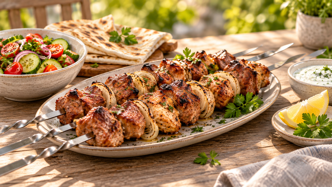Gegrillte Schaschlikspieße mit Salat, Fladenbrot, Kräutersauce und Zitrone