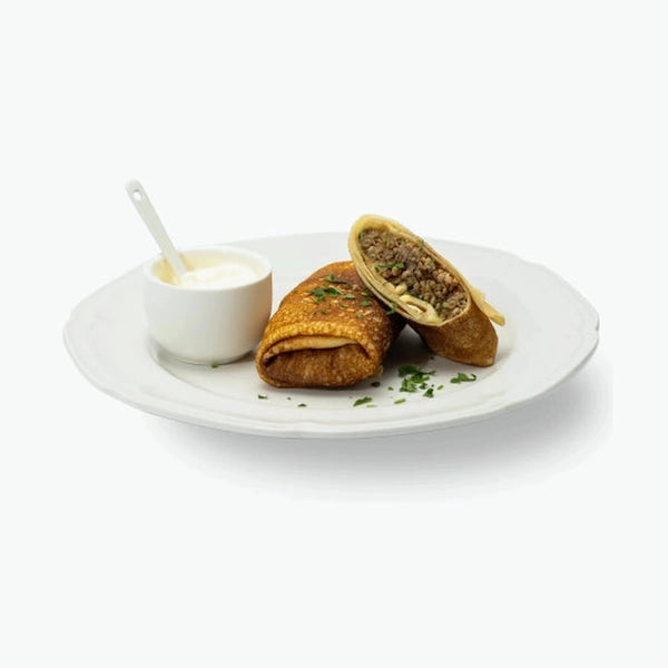 Blinis with meat filling, handmade 
